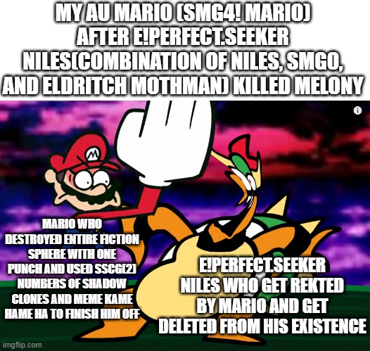 Pretty Stonk(strong) mod note: does melony come back or is it a different one? | MY AU MARIO (SMG4! MARIO) AFTER E!PERFECT.SEEKER NILES(COMBINATION OF NILES, SMG0, AND ELDRITCH MOTHMAN) KILLED MELONY; MARIO WHO DESTROYED ENTIRE FICTION SPHERE WITH ONE PUNCH AND USED SSCG(2) NUMBERS OF SHADOW CLONES AND MEME KAME HAME HA TO FINISH HIM OFF; E!PERFECT.SEEKER NILES WHO GET REKTED BY MARIO AND GET DELETED FROM HIS EXISTENCE | image tagged in something about super mario 64 slap,smg4,mario,time to die,kamehameha,oof | made w/ Imgflip meme maker