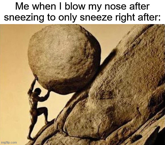 the struggle | Me when I blow my nose after sneezing to only sneeze right after: | image tagged in sisphus s rock,memes | made w/ Imgflip meme maker