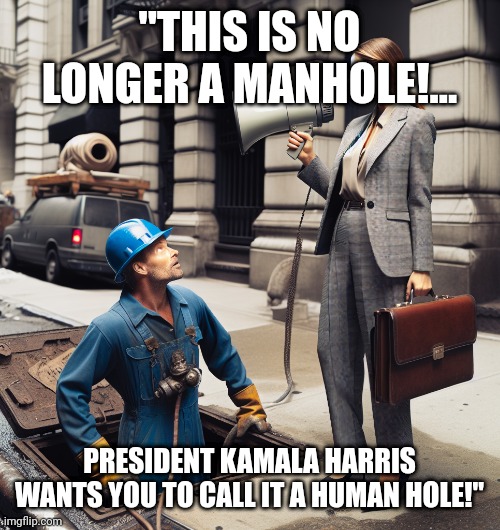 Man in Manhole Woman With Megaphone | "THIS IS NO LONGER A MANHOLE!... PRESIDENT KAMALA HARRIS WANTS YOU TO CALL IT A HUMAN HOLE!" | image tagged in man in manhole woman with megaphone,kamala harris,gender equality | made w/ Imgflip meme maker