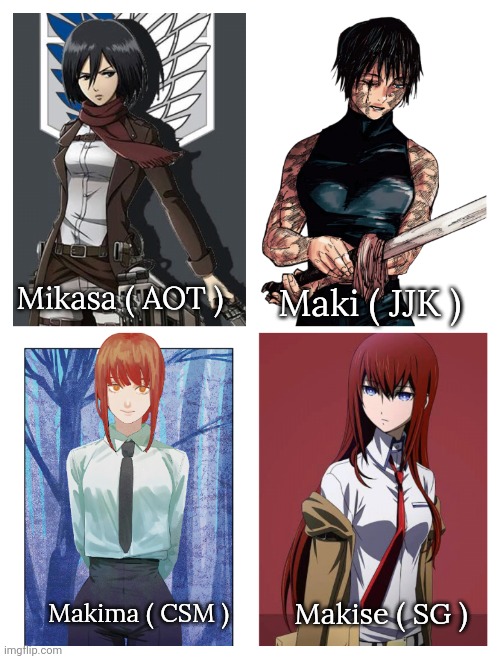 Similar names | Maki ( JJK ); Mikasa ( AOT ); Makise ( SG ); Makima ( CSM ) | image tagged in anime,names | made w/ Imgflip meme maker