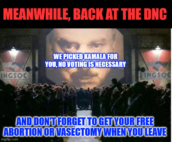 Libs are very excited about the DNC this year... free abortions and vasectomies | MEANWHILE, BACK AT THE DNC; WE PICKED KAMALA FOR YOU, NO VOTING IS NECESSARY; AND DON'T FORGET TO GET YOUR FREE ABORTION OR VASECTOMY WHEN YOU LEAVE | image tagged in dnc,explores,new ways,to attract attendees | made w/ Imgflip meme maker