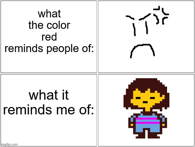 -_- | what the color red reminds people of:; what it reminds me of: | image tagged in memes,blank comic panel 2x2,undertale | made w/ Imgflip meme maker