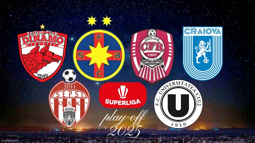 UPDATE: Liga 1 - SuperLiga teams that would play in play-off (PREDICTION) | play-off
2025 | image tagged in fcsb,cfr cluj,craiova,sepsi,dinamo,u cluj | made w/ Imgflip meme maker