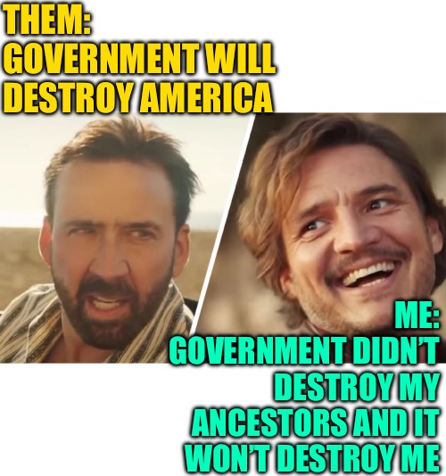 7 Days of News Makes One Weak | THEM: GOVERNMENT WILL DESTROY AMERICA; ME:
GOVERNMENT DIDN’T DESTROY MY ANCESTORS AND IT WON’T DESTROY ME | image tagged in nick cage and pedro pascal,perspective,government,political meme,weakness,strength | made w/ Imgflip meme maker