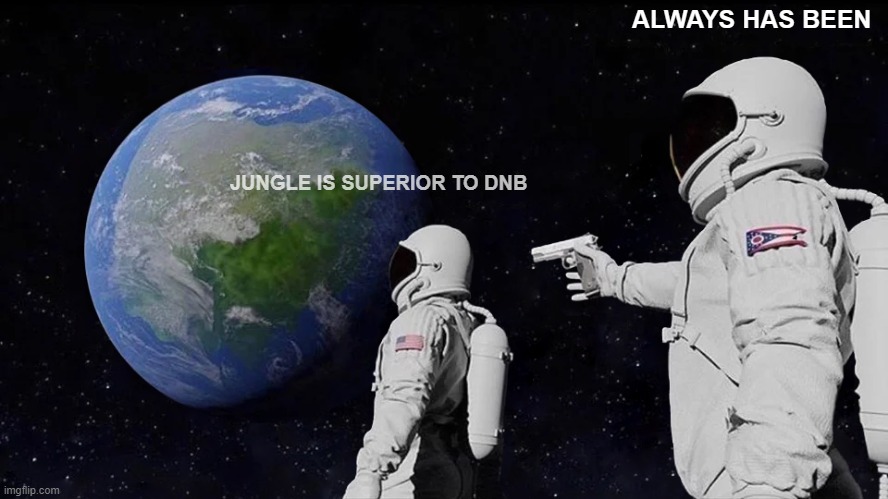 Always Has Been Meme | ALWAYS HAS BEEN; JUNGLE IS SUPERIOR TO DNB | image tagged in memes,always has been | made w/ Imgflip meme maker