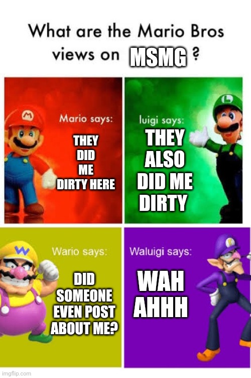 Mario Broz. Misc Views. | MSMG; THEY DID ME DIRTY HERE; THEY ALSO DID ME DIRTY; DID SOMEONE EVEN POST ABOUT ME? WAH AHHH | image tagged in mario broz misc views | made w/ Imgflip meme maker