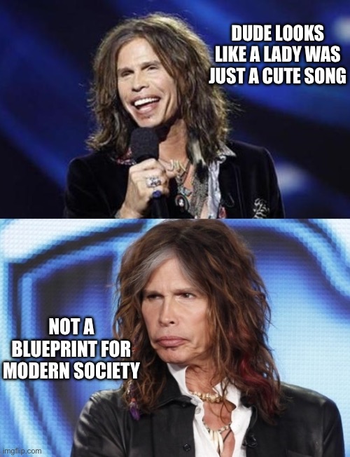 Dude looks like a lady 2024 | DUDE LOOKS LIKE A LADY WAS JUST A CUTE SONG; NOT A BLUEPRINT FOR MODERN SOCIETY | image tagged in happy sad steven tyler,transgender,bullshit,american,weakness,fjb | made w/ Imgflip meme maker