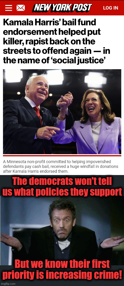 Pro-crime democrats | The democrats won't tell us what policies they support; But we know their first priority is increasing crime! | image tagged in shrug,kamala harris,crime,minnesota freedom fund,democrats | made w/ Imgflip meme maker