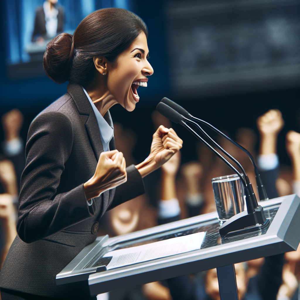 Woman Speaks from Podium Blank Meme Template