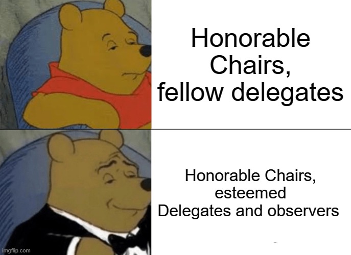 MUN/ Adressing while delivering a speech | Honorable Chairs, fellow delegates; Honorable Chairs, esteemed Delegates and observers | image tagged in memes,tuxedo winnie the pooh | made w/ Imgflip meme maker