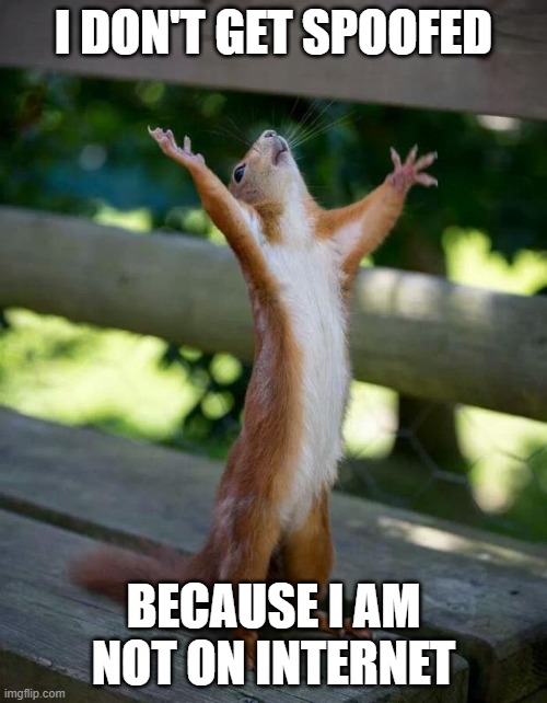 Happy Squirrel | I DON'T GET SPOOFED; BECAUSE I AM NOT ON INTERNET | image tagged in happy squirrel | made w/ Imgflip meme maker