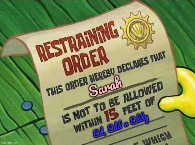 Sarah N. A. R. O. From S. B. S. P. | Sarah; Ed, Edd n Eddy | image tagged in ed edd n eddy,spongebob,cartoon network,nickelodeon,spongebob squarepants,restraining order | made w/ Imgflip meme maker