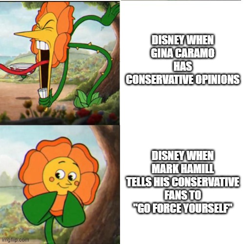 But star wars is for everybody, right? | DISNEY WHEN GINA CARAMO HAS CONSERVATIVE OPINIONS; DISNEY WHEN MARK HAMILL TELLS HIS CONSERVATIVE FANS TO "GO FORCE YOURSELF" | image tagged in cuphead flower,star wars,political meme | made w/ Imgflip meme maker