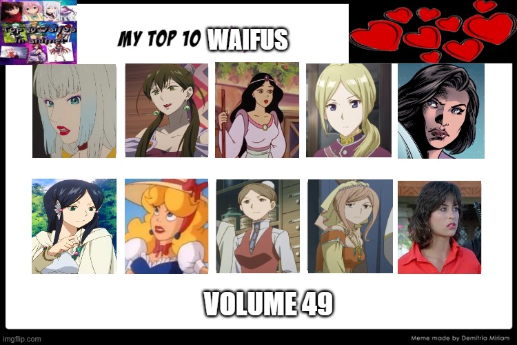 top 10 waifus volume 49 | WAIFUS; VOLUME 49 | image tagged in top 10 waifus,49ers,anime,snow white,lois lane,movies | made w/ Imgflip meme maker