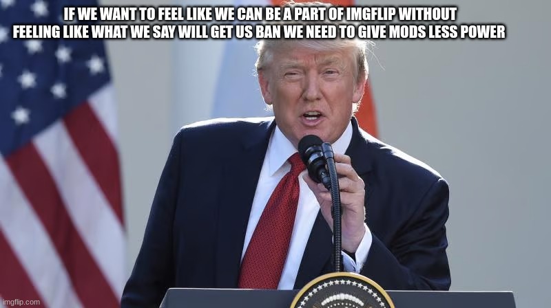 IF WE WANT TO FEEL LIKE WE CAN BE A PART OF IMGFLIP WITHOUT FEELING LIKE WHAT WE SAY WILL GET US BAN WE NEED TO GIVE MODS LESS POWER | made w/ Imgflip meme maker