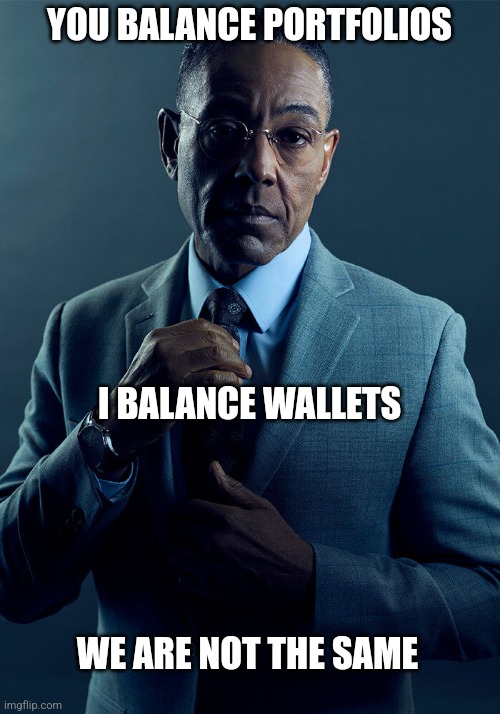 Gus Fring we are not the same | YOU BALANCE PORTFOLIOS; I BALANCE WALLETS; WE ARE NOT THE SAME | image tagged in gus fring we are not the same | made w/ Imgflip meme maker