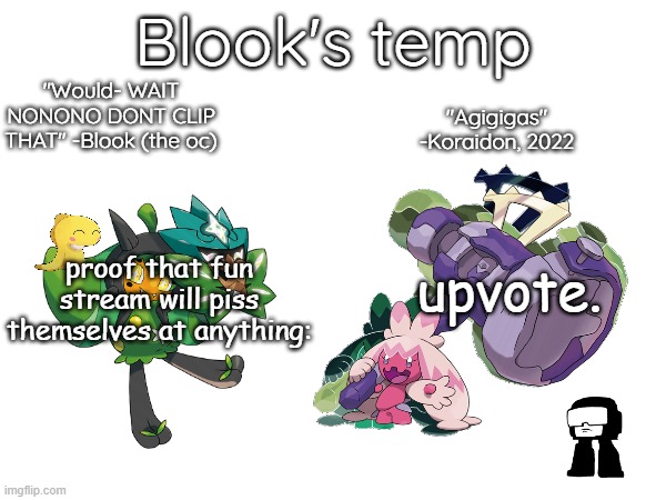 Blook's temp (August '24) | upvote. proof that fun stream will piss themselves at anything: | image tagged in blook's temp august '24 | made w/ Imgflip meme maker