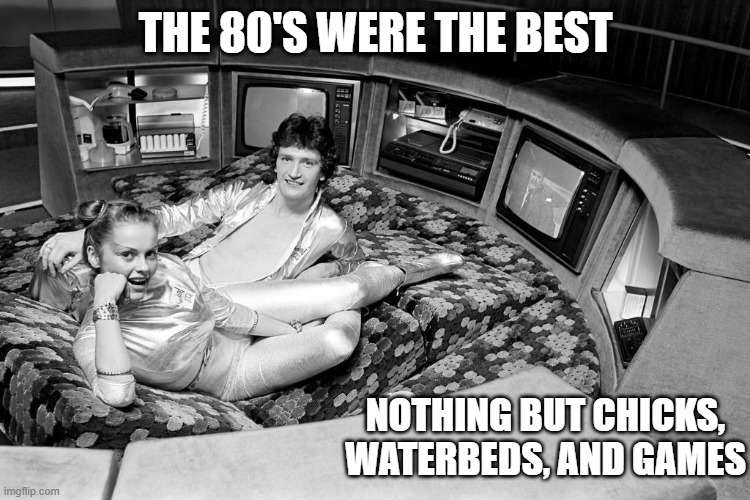 memes by Brad - The 80's were chicks, waterbeds, and gaming | THE 80'S WERE THE BEST; NOTHING BUT CHICKS, WATERBEDS, AND GAMES | image tagged in funny,gaming,1980's,computers,video games,humor | made w/ Imgflip meme maker