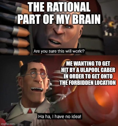 Hmmmmmmmmm | THE RATIONAL PART OF MY BRAIN; ME WANTING TO GET HIT BY A ULAPOOL CABER IN ORDER TO GET ONTO THE FORBIDDEN LOCATION | image tagged in are you sure this will work ha ha i have no idea | made w/ Imgflip meme maker