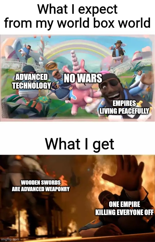 World box ??? | What I expect from my world box world; NO WARS; ADVANCED TECHNOLOGY; EMPIRES LIVING PEACEFULLY; What I get; WOODEN SWORDS ARE ADVANCED WEAPONRY; ONE EMPIRE KILLING EVERYONE OFF | image tagged in pyrovision | made w/ Imgflip meme maker