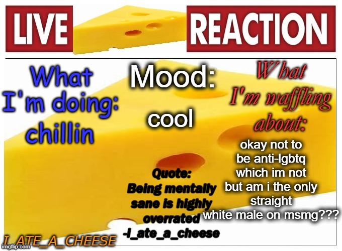 . | cool; okay not to be anti-lgbtq which im not but am i the only straight white male on msmg??? chillin | made w/ Imgflip meme maker