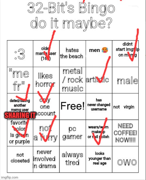 32's Bingo | SHARING IT | image tagged in 32's bingo | made w/ Imgflip meme maker