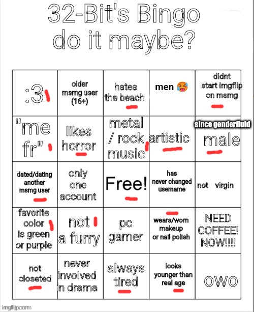 32's Bingo | since genderfluid | image tagged in 32's bingo | made w/ Imgflip meme maker