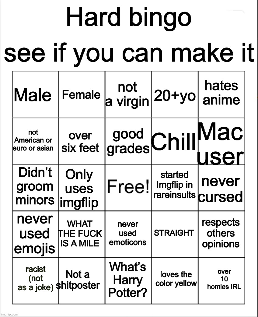 Blank Bingo | see if you can make it; Hard bingo; not a virgin; Female; hates anime; Male; 20+yo; good grades; not American or euro or asian; Mac user; Chill; over six feet; started Imgflip in rareinsults; Didn’t groom minors; never cursed; Only uses imgflip; never used emojis; WHAT THE FUCK IS A MILE; respects others opinions; STRAIGHT; never used emoticons; Not a shitposter; over 10 homies IRL; racist (not as a joke); What’s Harry Potter? loves the color yellow | image tagged in blank bingo | made w/ Imgflip meme maker