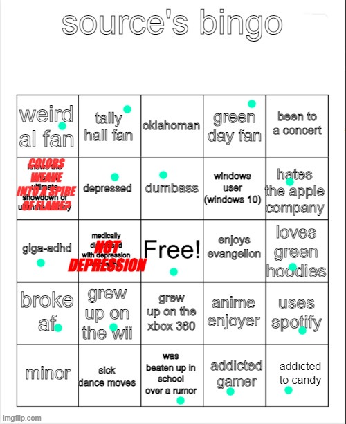 source's bingo | COLORS WEAVE INTO A SPIRE OF FLAME? NOT DEPRESSION | image tagged in source's bingo | made w/ Imgflip meme maker