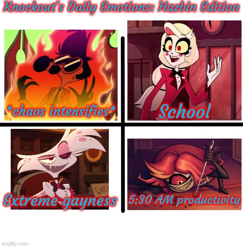 Yeah, this is literally me in four images. Deal with it. | Knockout's Daily Emotions: Hazbin Edition; *chaos intensifies*; School; Extreme gayness; 5:30 AM productivity | image tagged in memes,blank starter pack | made w/ Imgflip meme maker