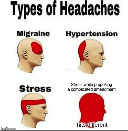 MUN/ Stress of proposing an amendment | Stress while proposing a complicated amendment; hits different | image tagged in types of headaches meme | made w/ Imgflip meme maker