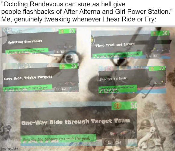 I f***ing hated these levels when playing Splatoon 3. | "Octoling Rendevous can sure as hell give people flashbacks of After Alterna and Girl Power Station."
Me, genuinely tweaking whenever I hear Ride or Fry: | image tagged in ptsd dog | made w/ Imgflip meme maker