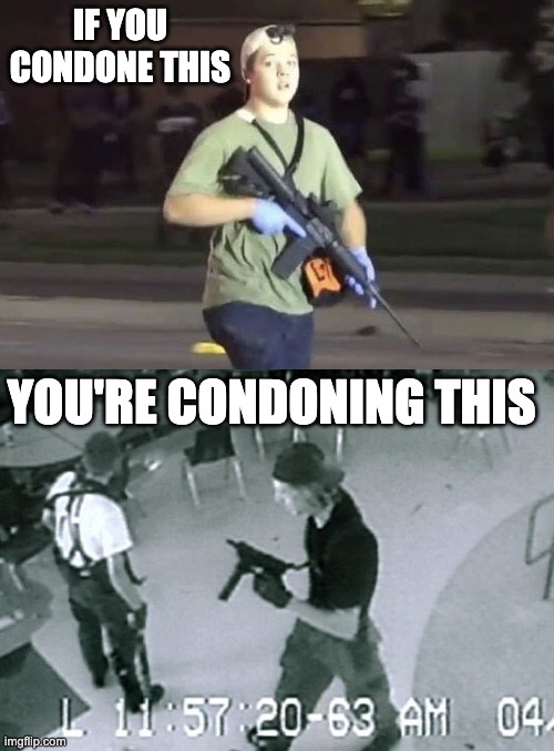 Do you endorse teenagers deciding who should die? YES or NO? | IF YOU CONDONE THIS; YOU'RE CONDONING THIS | image tagged in kyle rittenhouse,columbine cafeteria,shooters,teenagers,thugs,guns | made w/ Imgflip meme maker