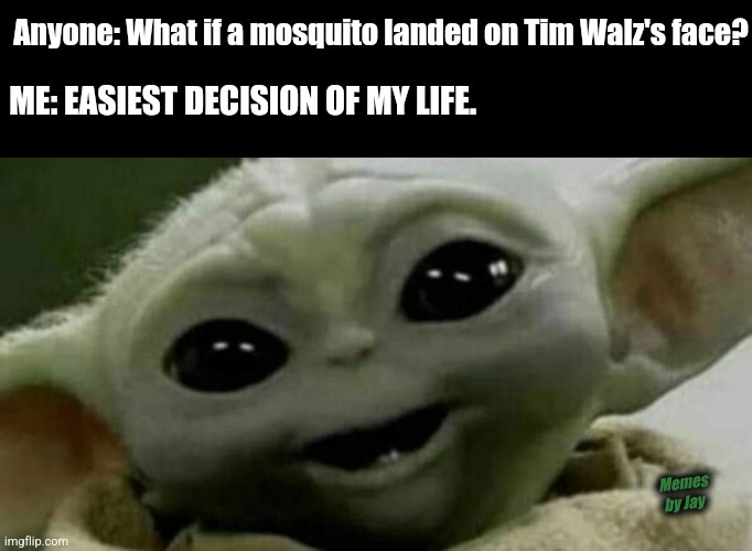 I Know Right | Anyone: What if a mosquito landed on Tim Walz's face? ME: EASIEST DECISION OF MY LIFE. Memes by Jay | image tagged in baby yoda,political humor,tim walz,democrats | made w/ Imgflip meme maker