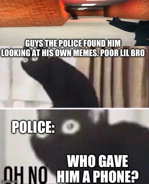 Oh no cat | GUYS THE POLICE FOUND HIM LOOKING AT HIS OWN MEMES. POOR LIL BRO; POLICE:; WHO GAVE HIM A PHONE? | image tagged in oh no cat | made w/ Imgflip meme maker