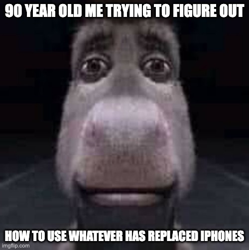 I will look at this meme again by then too! | 90 YEAR OLD ME TRYING TO FIGURE OUT; HOW TO USE WHATEVER HAS REPLACED IPHONES | image tagged in donkey staring,memes,funny,future,oh wow are you actually reading these tags,idk | made w/ Imgflip meme maker