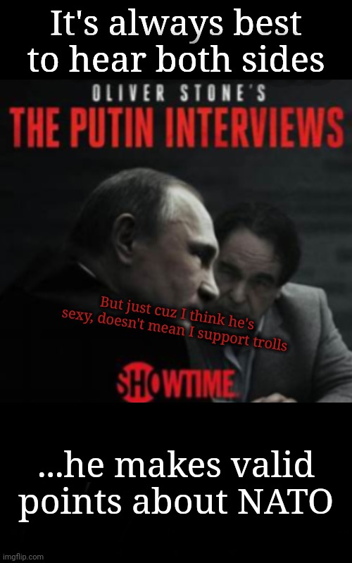 Hear Both Sides | It's always best to hear both sides; But just cuz I think he's sexy, doesn't mean I support trolls; ...he makes valid
points about NATO | image tagged in putin,unpopular opinion | made w/ Imgflip meme maker