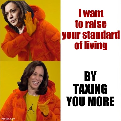 How Does That Work Again? | I want to raise your standard of living; BY TAXING YOU MORE | image tagged in kamala harris hotline bling,raise,standard of living,more,let's raise their taxes,memes | made w/ Imgflip meme maker