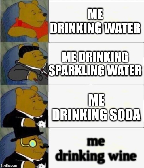 Tuxedo Winnie the Pooh 4 panel | ME DRINKING WATER; ME DRINKING SPARKLING WATER; ME DRINKING SODA; me drinking wine | image tagged in tuxedo winnie the pooh 4 panel | made w/ Imgflip meme maker