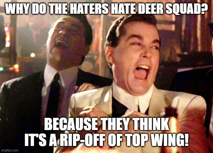 Deer Squad is still not a rip-off of Top Wing | WHY DO THE HATERS HATE DEER SQUAD? BECAUSE THEY THINK IT'S A RIP-OFF OF TOP WING! | image tagged in memes,good fellas hilarious,deersquad,deer squad,topwing,top wing | made w/ Imgflip meme maker