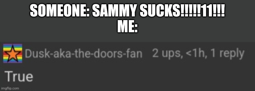 Dusk-aka-the-doors-fan true | SOMEONE: SAMMY SUCKS!!!!!11!!!
ME: | image tagged in dusk-aka-the-doors-fan true | made w/ Imgflip meme maker