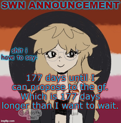 *sigh* | 177 days until I can propose to the gf. Which is 177 days longer than I want to wait. | image tagged in swn announcement version 3 | made w/ Imgflip meme maker
