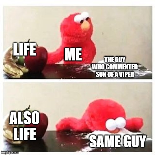 elmo cocaine | LIFE THE GUY WHO COMMENTED SON OF A VIPER ME ALSO LIFE SAME GUY | image tagged in elmo cocaine | made w/ Imgflip meme maker