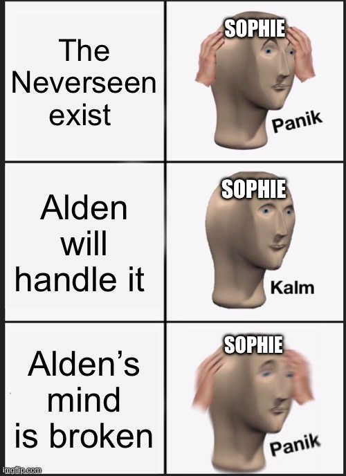 Literally the entire book of Exile | SOPHIE; The Neverseen exist; SOPHIE; Alden will handle it; SOPHIE; Alden’s mind is broken | image tagged in panik kalm panik | made w/ Imgflip meme maker