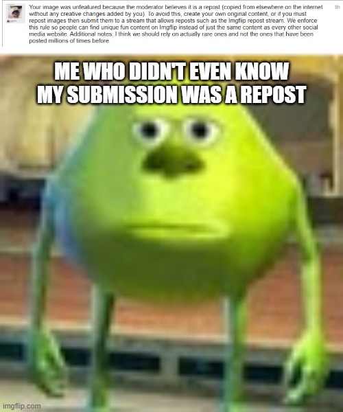 Has this ever happened to you guys? | ME WHO DIDN'T EVEN KNOW MY SUBMISSION WAS A REPOST | image tagged in sully wazowski | made w/ Imgflip meme maker