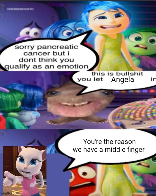 sorry pancreatic cancer but I don’t think you qualify as an emot | Angela; You're the reason we have a middle finger | image tagged in sorry pancreatic cancer but i don t think you qualify as an emot | made w/ Imgflip meme maker