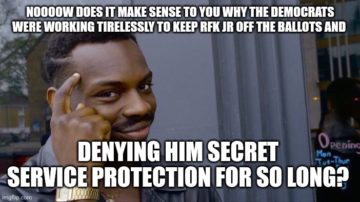 Rfk jr | NOOOOW DOES IT MAKE SENSE TO YOU WHY THE DEMOCRATS WERE WORKING TIRELESSLY TO KEEP RFK JR OFF THE BALLOTS AND; DENYING HIM SECRET  SERVICE PROTECTION FOR SO LONG? | image tagged in memes,roll safe think about it | made w/ Imgflip meme maker