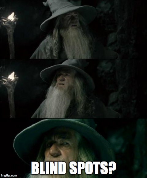 Confused Gandalf | BLIND SPOTS? | image tagged in memes,confused gandalf,AdviceAnimals | made w/ Imgflip meme maker