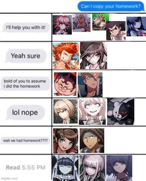 homework alignment chart | image tagged in homework alignment chart,danganronpa,alignment chart,visual novel,danganronpa1,trigger happy havoc | made w/ Imgflip meme maker