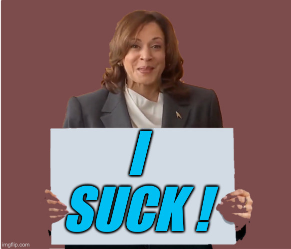 Just The Facts, Ma'am | I SUCK ! | image tagged in kamala holding sign,political meme,politics,funny memes,funny | made w/ Imgflip meme maker